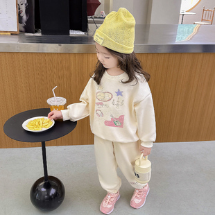 韩国童装女童米白色套装春季洋气儿童宝宝字母印花卫衣卫裤两件套