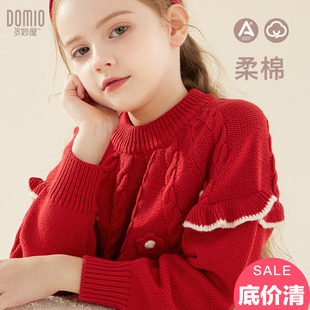 女童毛衣秋冬装宝宝洋气，年服加厚保暖红色，纯棉儿童针织打底衫