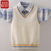 男童毛衣背心格子衬衫，假两件春装2023儿童，线衣中大童套头春季