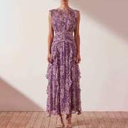  跨境外贸夏季气质印花无袖褶皱收腰雪纺紫色连衣裙长裙圆领