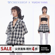 chenshop设计师品牌yuichiyang带领结西装，短袖超短百褶裤裙套装