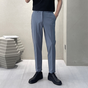 里奈男装夏季高级瘦腿，修身休闲纯色西裤，韩版商务中腰西装长裤