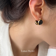 LUNASTORE高级感复古黑玛瑙半球925纯银耳扣女18k金轻奢法式耳环