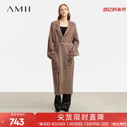 amii2023冬西装翻驳领绣花落肩袖配腰带，毛织开衫女长款上衣