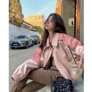 欧货短款粉色pu皮衣外套，女美式拼接机车夹克2023年高级感
