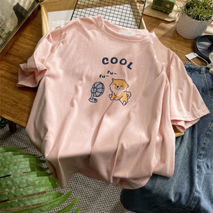 日系森女卡通小猫印花纯棉，t恤女圆领，宽松休闲中长款半袖粉色体恤