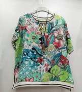 韩版印花图案中袖t恤宽松显瘦侧边开叉，七分半袖上衣套头圆领衬衫