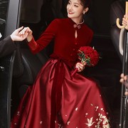 国风马面裙敬酒服新娘冬春季订婚结婚礼服裙女缎面丝绒酒红色长裙