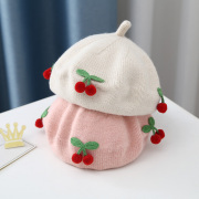 婴儿秋冬帽子女童蓓蕾帽毛线，针织可爱樱桃，单层贝雷帽女宝宝潮韩版