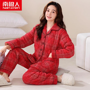 睡衣女士秋冬款纯棉三层，夹棉袄加厚红色，妈妈保暖家居服套装