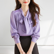 今年流行紫色雪纺衬衫女秋季2023年设计感小众蝴蝶结春秋