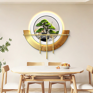 新中式苍松翠柏餐厅装饰画高档无框叠加氛围灯画客厅，玄关壁饰挂画