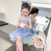 女童夏季连衣裙2024洋气蓝色公主裙儿童挂脖美人鱼裙子网纱裙