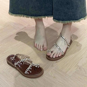 波西米亚水钻仙女风凉鞋，女款2024夏季外穿平底夹趾配裙子拖鞋