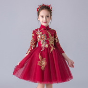 红色长袖女童旗袍晚礼服中国风花童婚纱儿童蓬蓬纱演出服