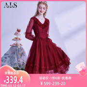 艾丽丝2024春季复古红色新年连衣裙网纱蕾丝，抽绳收腰显瘦女裙