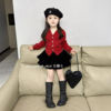 韩版女童2024秋冬圣诞，新年红色针织开衫，上衣女宝宝丝绒裙套装