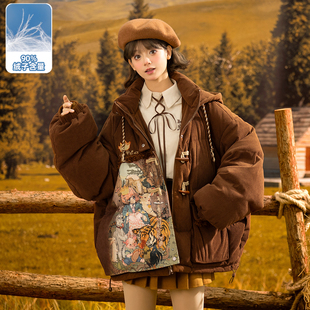 森女部落原创美拉德油画系列，复古灯芯绒羽绒服秋冬款外套