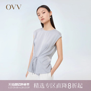 ovv春夏女装缎面，醋酸系带圆领时髦开衩短袖上衣