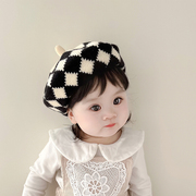 韩版ins宝宝帽子秋冬季针织洋气，婴儿贝雷帽保暖造型男女童画家帽