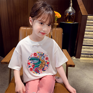 女童短袖T恤新中式儿童圆领上衣夏装2024女孩国风亮片打底衫