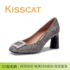 kisscat接吻猫2024春粗高跟，丝绸羊皮水钻，方头女鞋单鞋ka43522-11