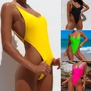2019女士荧光连体泳衣纯色性感露背一体式高叉比基尼Bikini