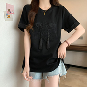 新中式国风重工刺绣黑色正肩短袖T恤女夏季大码胖mm流苏上衣
