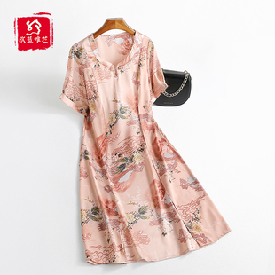 杭州丝绸真丝连衣裙女气质减龄中老年妈妈夏装复古盘扣桑蚕丝裙子