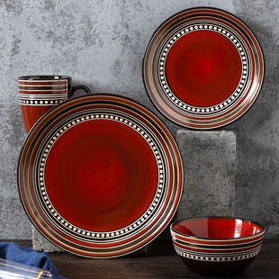 陶瓷盘子家用欧式复古创意彩色盘子8/10寸西餐盘牛排盘微波炉餐具