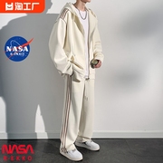 NASA联名日系条纹休闲套装男春季一整套连帽运动服潮牌宽松情侣装