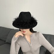 小众设计驼鸟毛黑色(毛黑色)羊，毛呢爵士帽子绒毛，禁欲系甜酷风毛毡礼帽女冬