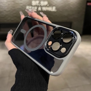 钛灰色磁吸金属镜头适用苹果15promax手机壳14pro透明黑magsafe硅胶iphone15plus小众高级感13pm保护套男