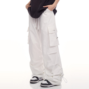 NOONOZ夏季裤子白色工装裤男美式高街hiphop设计感潮牌阔腿直筒裤