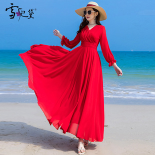 夏季红色雪纺长袖连衣裙，女长款到脚踝，2024年时尚修身超长裙子