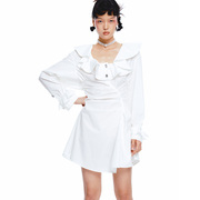 lefame拉飞姆，秋季白色荷叶u型领，衬衫式连衣裙