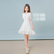文艺短袖白色连衣裙女2023夏季波西米亚风雪纺小个子公主短裙