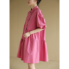 天然出品粉色衬衫翻领短袖连衣裙女夏宽松拼接褶皱纯色中裙QA5538