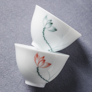 手绘白瓷功夫茶杯陶瓷茶具，品茗杯单个玉瓷主人杯简约荷花
