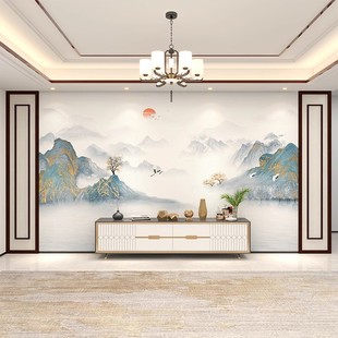 新中式大气山水电视背景墙壁纸，意境水墨客厅，沙发影视墙布无缝壁画