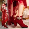 秋冬新娘鞋靴中式粗跟婚鞋女酒，红色尖头舒适婚纱结婚鞋靴秀禾红鞋