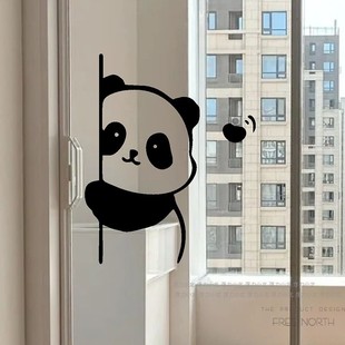 可爱熊猫侧面贴玻璃，门窗防撞贴纸咖啡，奶茶店铺橱窗欢迎墙面装饰