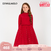 lynnmilo琳麦罗女童连衣裙2024长袖，针织网纱，红色甜美可爱公主裙
