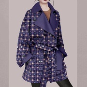 秋冬时尚休闲格子风衣外套女2023年宽松紫色印花大衣