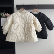 女童加绒花朵外套2024冬季儿童，韩版加厚中长款保暖泡泡袖棉服