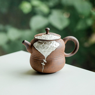拓土老岩泥描银浮雕祥云茶壶纯手工泡茶壶中式家用泡茶器创意陶壶