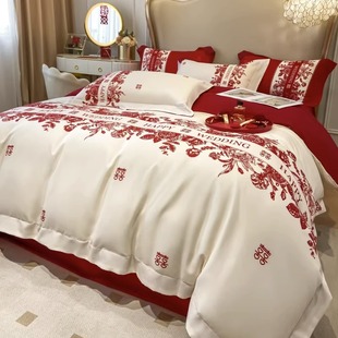 简约纯棉结婚四件套红色床单被套，全棉高档新婚庆(新婚庆)床上用品婚房陪嫁