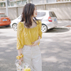2023夏季鹅黄短袖淡黄色方领日系泡泡纱甜美系带宽松雪纺小衫上衣