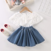 女童夏季蕾丝衬衫儿童薄款短袖t桖宝宝白色上衣蓝色牛仔短裙套装