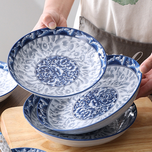 青花瓷盘子陶瓷菜盘家用2024老式餐具碗碟套装78寸汤盘深盘